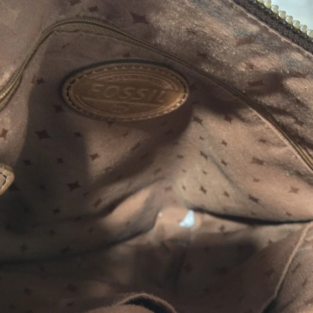Fossil Tan Leather Crossbody Shoulder Bag Canvas Strap Key Charm Mul